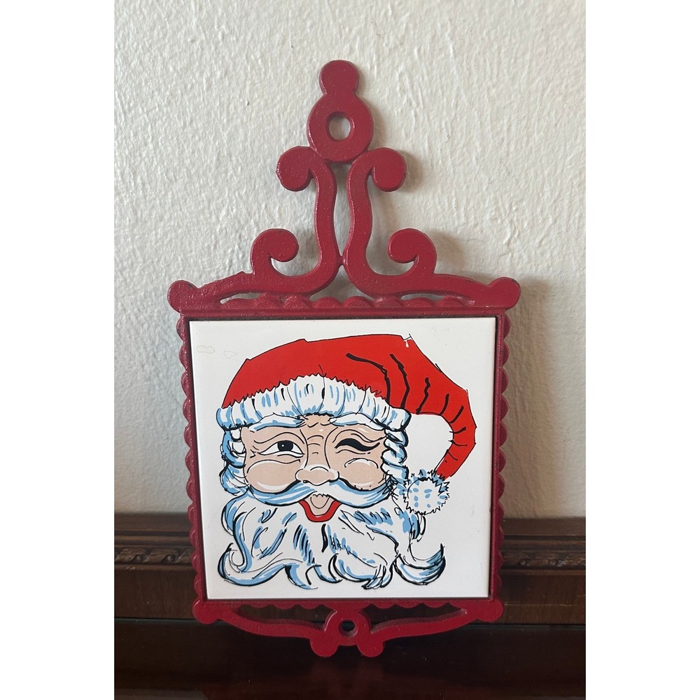 Enesco Santa Claus Winking Ceramic‎ Tile Cast Iron Trivet Red Christmas Japan